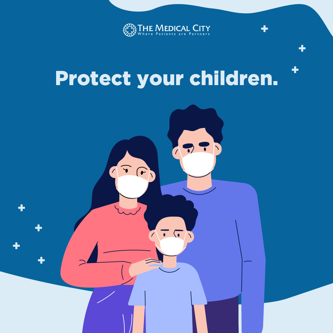 illustration of a family wearing masks