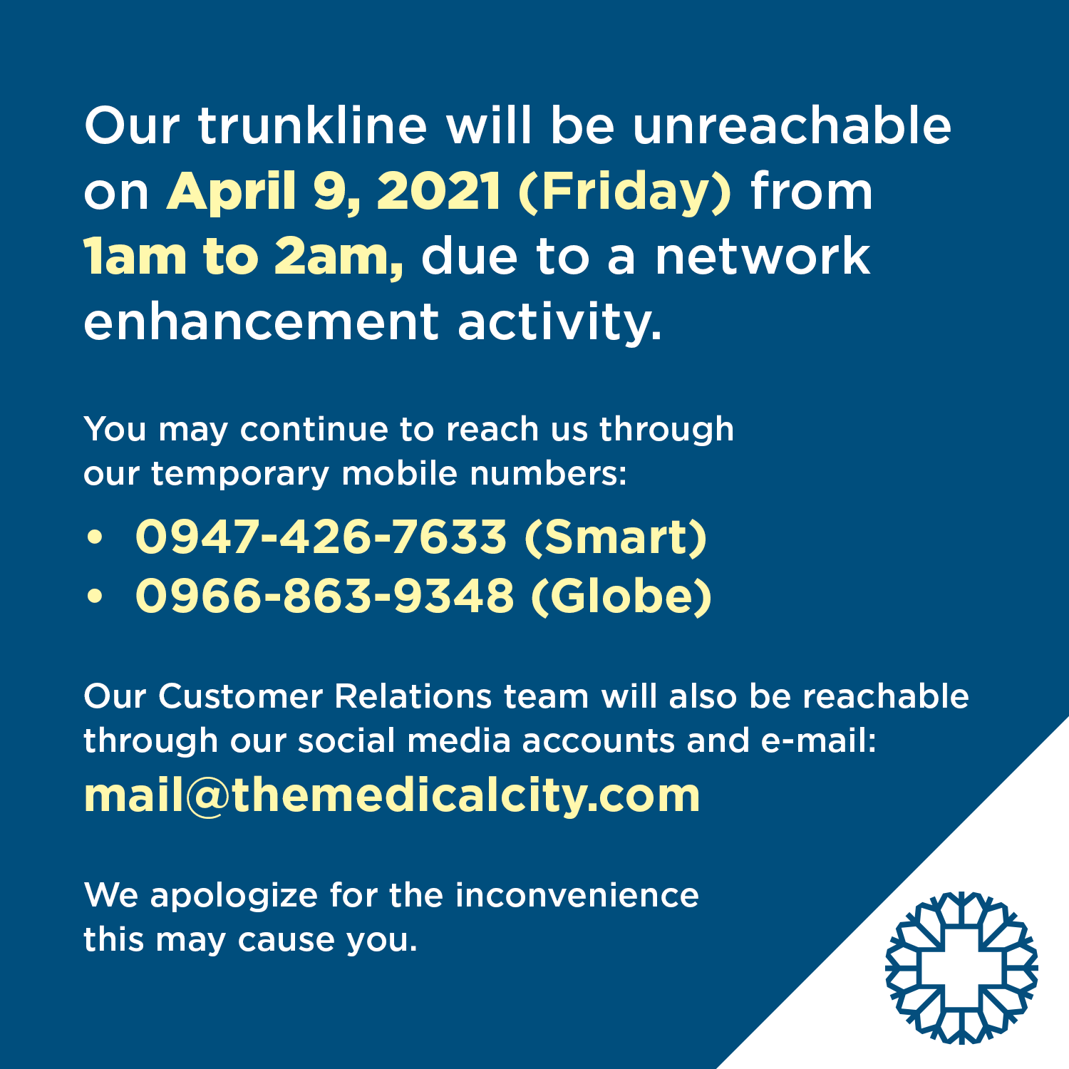 announcement regarding tmcs unreachable trunkline on april 9, 2021
