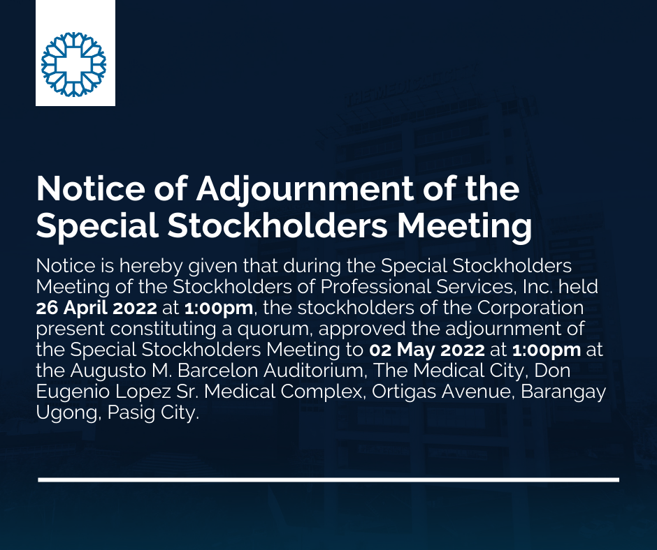 Notice of Adjournment of the Special Stockholders Meeting